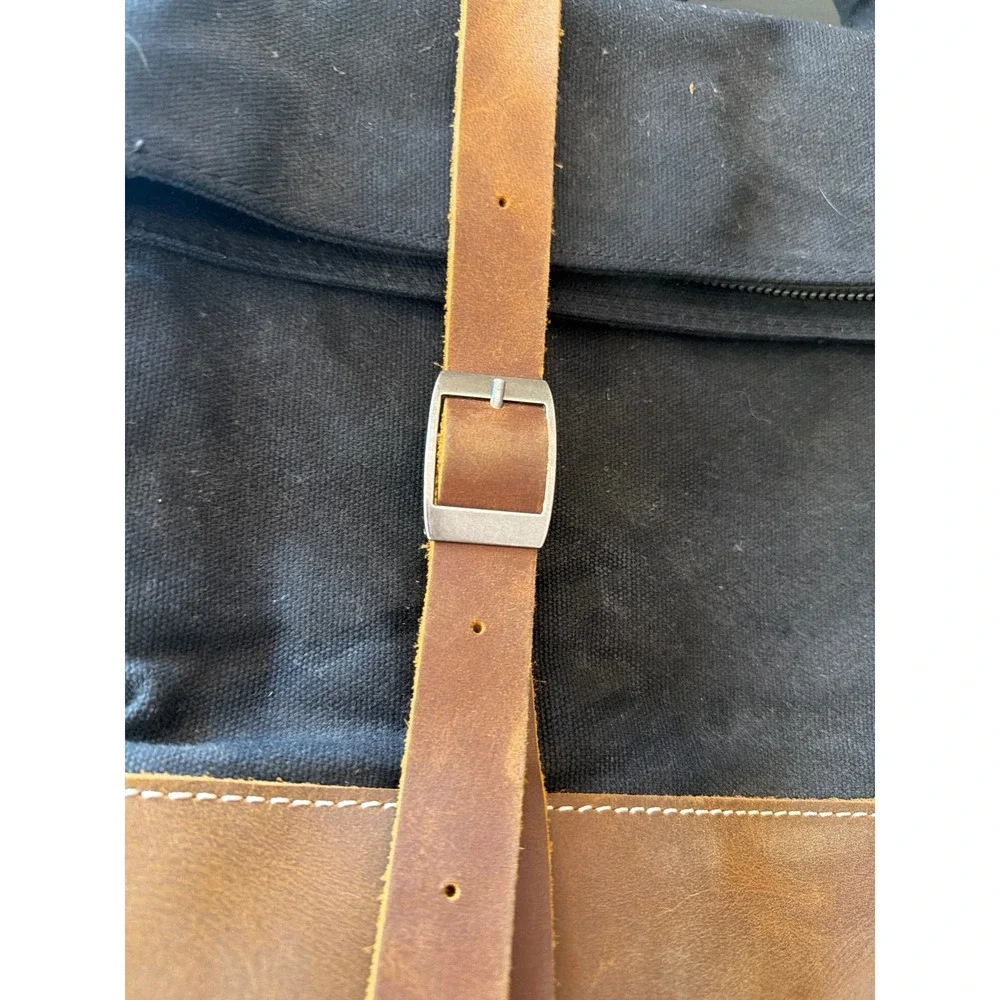 Black Canvas and Brown Leather Rolltop Backpack‎ Rucksack Adjustable Straps